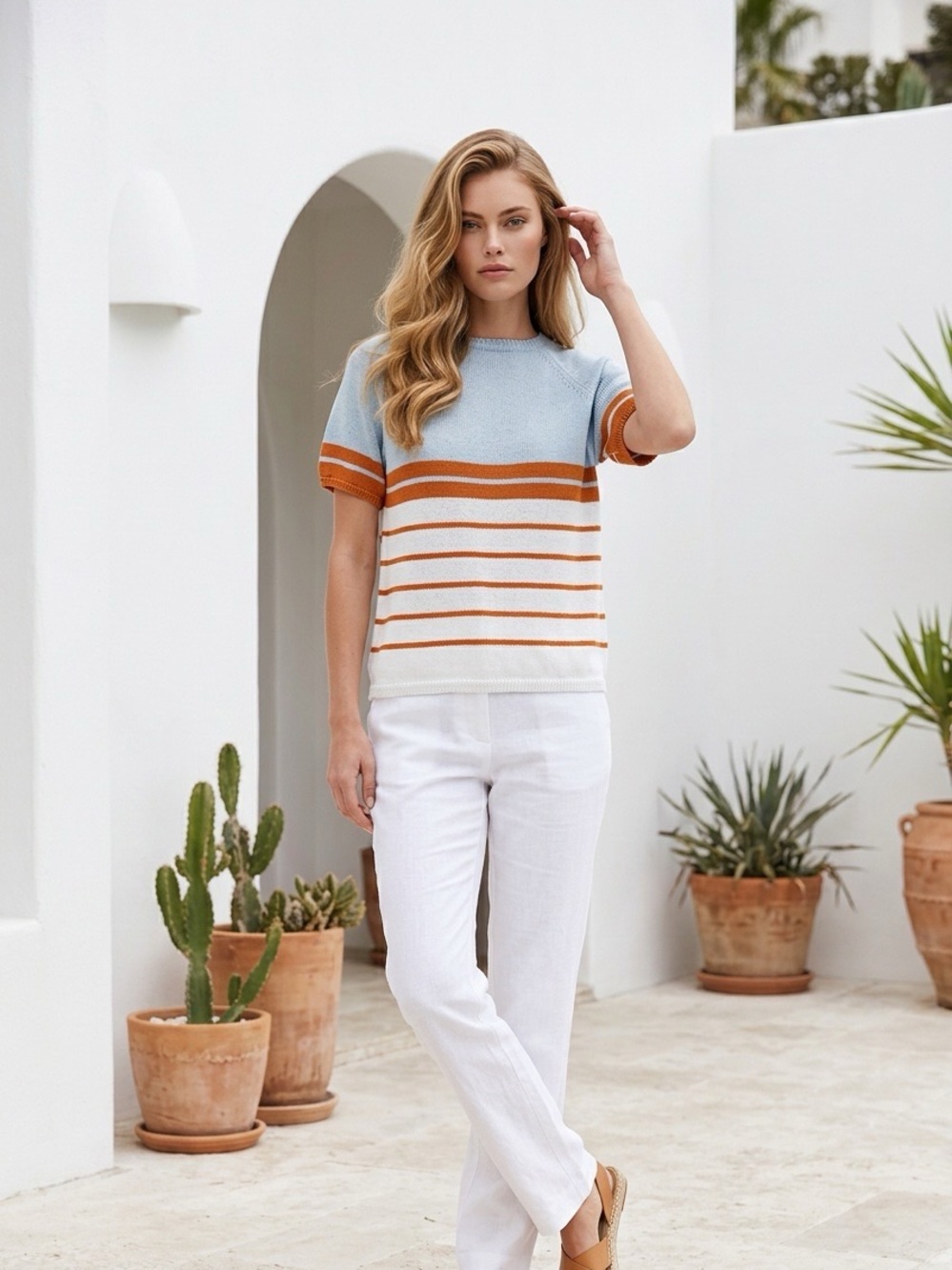 Light Blue ,orange and White Striped Short-Sleeve Sweater
